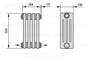 Схема (чертеж) Радиатор Zehnder Charleston 4050/4 №2670 Белый глянцевый RAL 9016